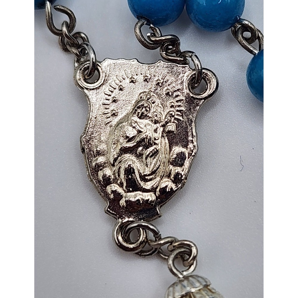 Italy Rosary Necklace Blue Beads Silver Metal Crucifix Catholic Prayer Beads - Picture 7 of 9